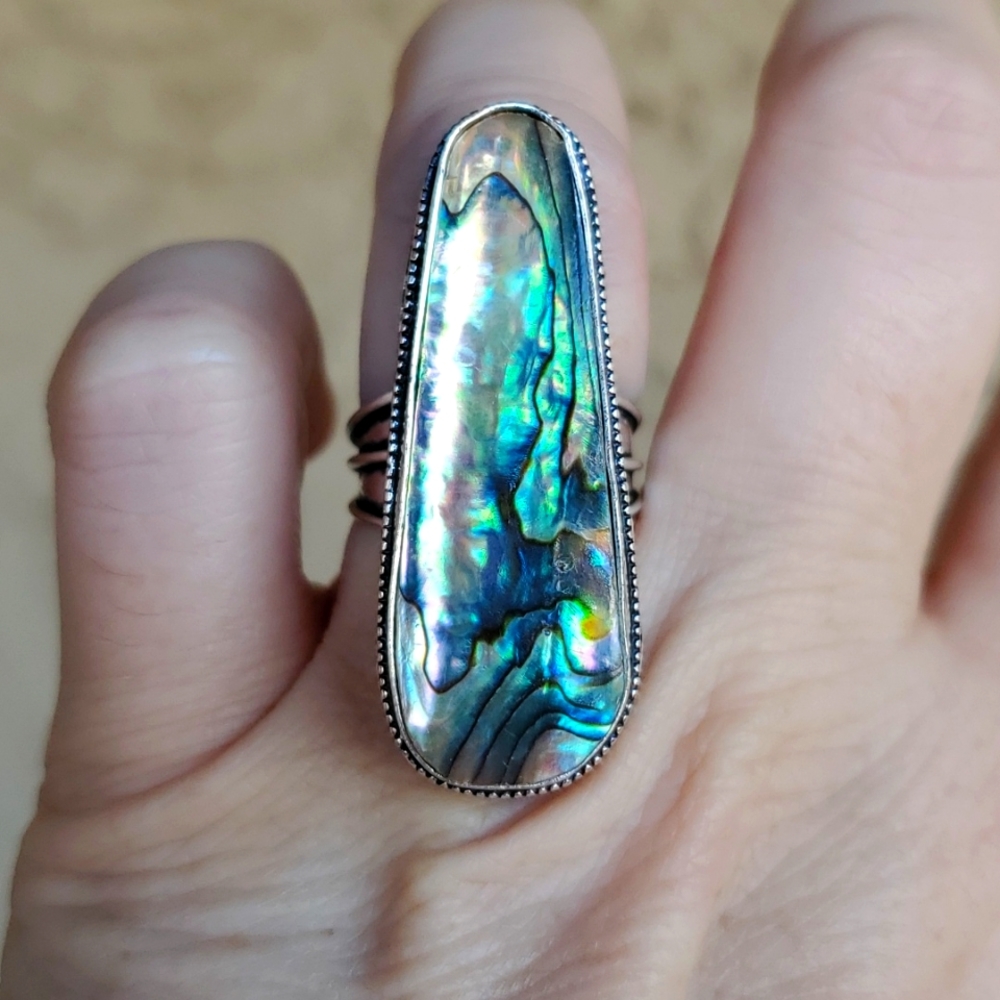 New Oversized Abalone Shell 925 Silver Statement Ring.